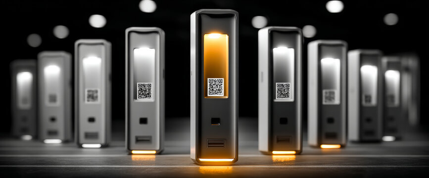Row of futuristic digital devices with illuminated screens and QR codes in a dark environment, highlighting one glowing orange device in the center