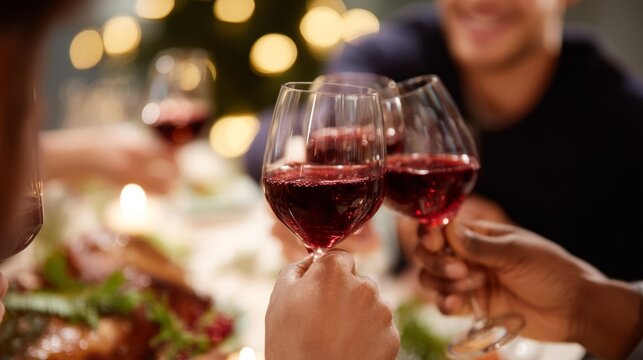 A joyful gathering featuring friends toasting with glasses of red wine. Celebrating together is essential for creating memories. Perfect for festive occasions and social events. AI