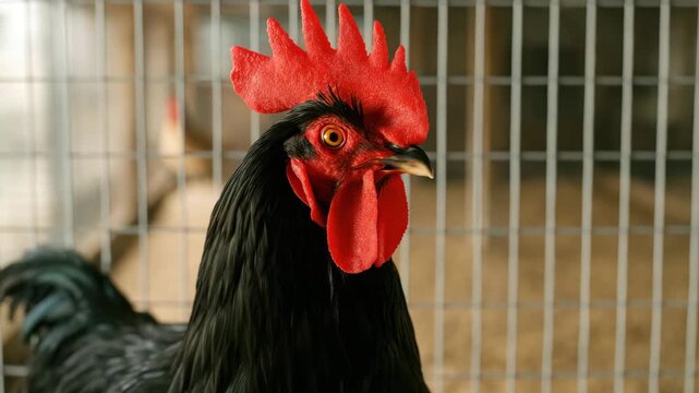 Close-up of a majestic black rooster with vibrant red comb and wattles gazing intently from a wooden cage in warm natural lighting showcasing intricate feather textures and a rustic farm environment