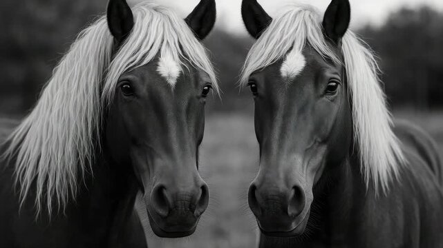 Close-up of two black horses with flowing white manes standing side by side in a natural outdoor setting captured in a series of still frames showcasing their stillness throughout the video