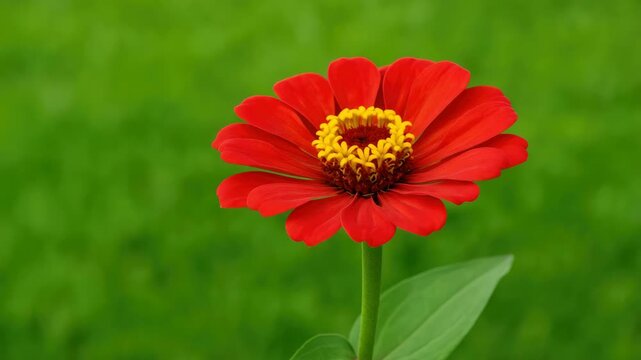 Close-up of vibrant red zinnia flower blooming atop a green stem with soft natural light illuminating its vivid petals and lush green background in a detailed macro shot.