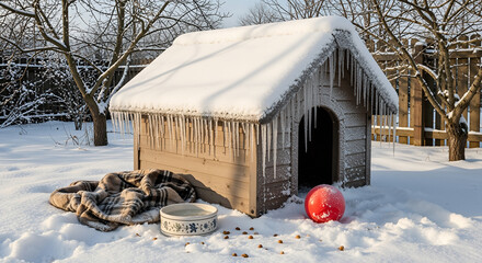 Frozen doghouse roof covered with thick snow and long icicles in quiet winter backyard, plaid blanket, icy water bowl, red ball in the snow show empty kennel, cold weather, pet care and outdoor safety