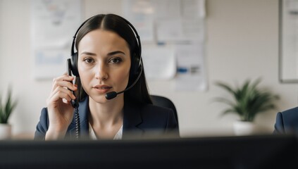 Customer service representative conversing on the phone with headset