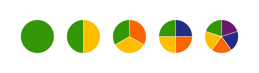 Multicoloured diagrams infographic. Circle section graph. Wheels divided in sections. Multicolored pizza charts, pies segmented on from 1 to 5 equal parts. Loading bar mockup. Pie, pizza chart layout.