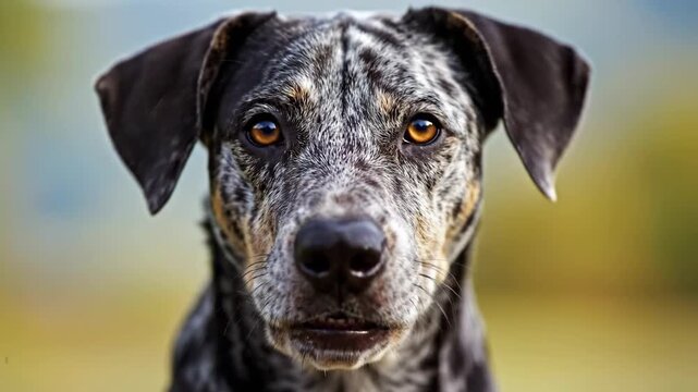 Close up portrait of a Catahoula Leopard Dog with striking eyes and unique coat pattern outdoors.