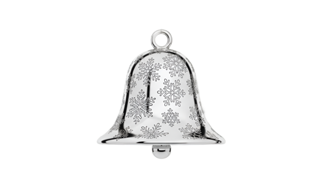 Polished Silver Christmas Bell with Snowflake Pattern and Reflective Surface