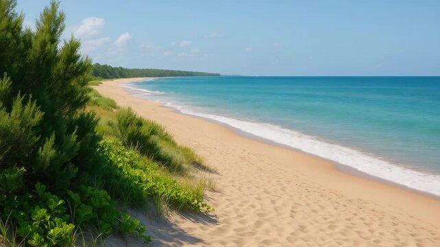 Picturesque beach with calm waves gently lapping on sandy shore framed by green vegetation under a clear blue sky showcasing consistent landscape from morning to midday