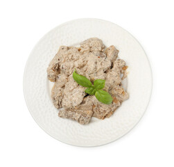 Tasty beef Stroganoff with basil isolated on white, top view