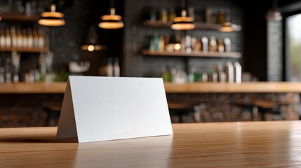 Blank Menu Card on a Table: a versatile menu card with blank space for text on a polished wooden table, perfectly positioned within a blurred restaurant interior