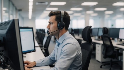 Business communication concept man at contact center working on computer in customer service and technical support role while wearing a headset