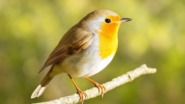 Close-up of a colorful robin perched on a branch in a soft natural setting featuring blurred greenery displaying natural behavior with intricate details in its vibrant orange and gray plumage.