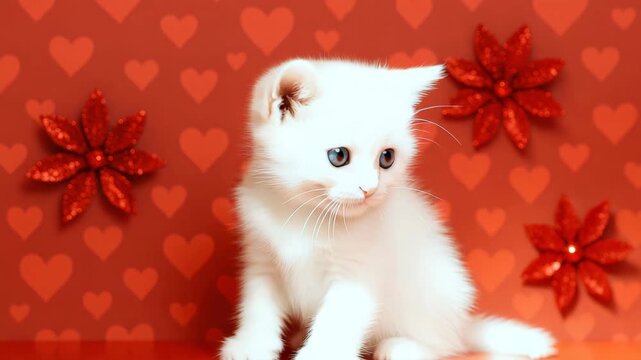 White fluffy kitten with blue eyes playfully looking around a bright red background adorned with heart patterns and sparkling flowers in a close-up shot showcasing pet movements with soft lighting