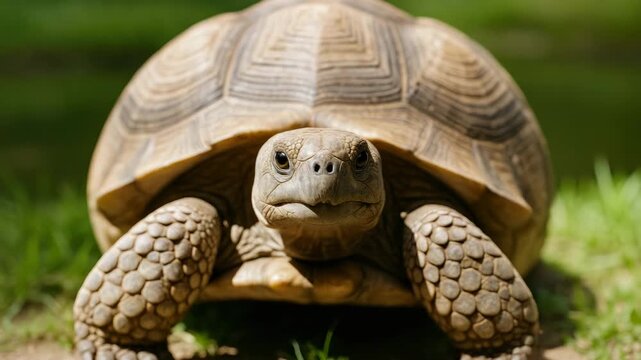 Close-up of a tortoise moving slowly across green grass in natural lighting showcasing detailed shell texture expressions and clarity throughout the video sequence.