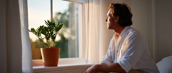 Thoughtful man sitting indoors near window with potted plant during warm natural light at sunset