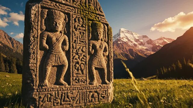 Ancient stone carving in mountain landscape with sunlight and grassy field