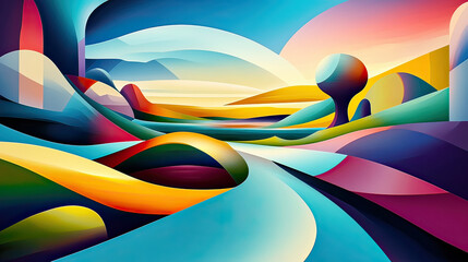 Harmonic landscape: A serene landscape, characterized by soft, flowing lines and a vibrant palette of colors, that evokes a sense of tranquility. AI Generative