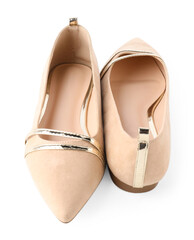 Pair of stylish beige shoes isolated on white