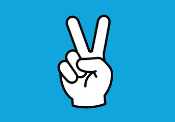 Vector illustration of white cartoon hand making the peace or victory sign gesture against a bright blue background, simple graphic illustration