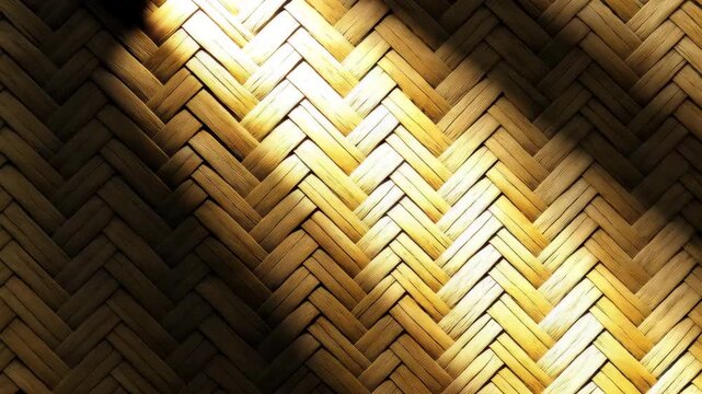 Close-up of woven straw or bamboo texture with changing lighting patterns highlighting the intricate patterns and warm tones throughout the footage
