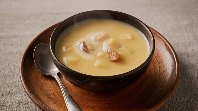 Steaming bowl of creamy potato and apple soup served in a dark ceramic bowl on a wooden plate with soft natural lighting highlighting the textures of the dish