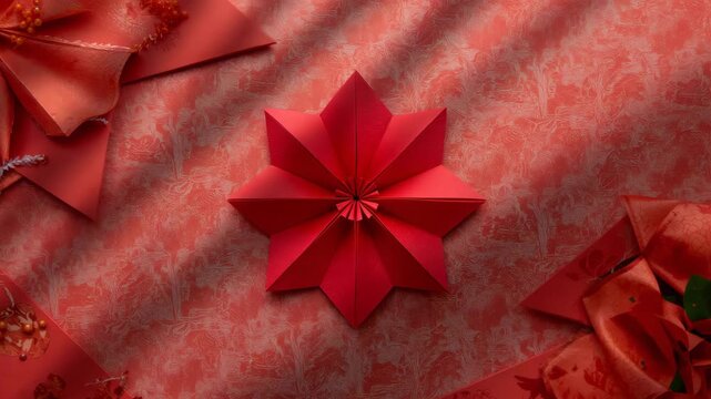 Close-up view of a three-dimensional red paper star with intricate folds and sharp points set against a textured coral background with decorative elements highlighted by soft natural light and gentle