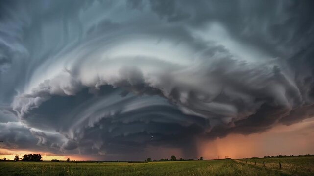 Dramatic swirling storm clouds forming over green field at sunset showcasing intricate cloud patterns with soft light illuminating the landscape