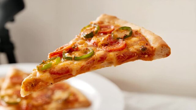 Close-up view of a delicious slice of pizza topped with green peppers and tomatoes floating above a white plate with soft lighting highlighting its melted cheese and crispy crust in a studio setting