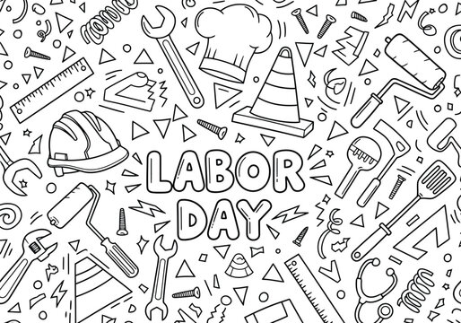 Vector illustration of hand drawn doodle pattern for labor day celebration with various construction tool icons and lettering, coloring page