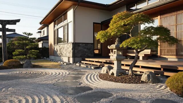 Serene Japanese Garden: A Tranquil Oasis Of Stone, Plants, And Architectural Harmony