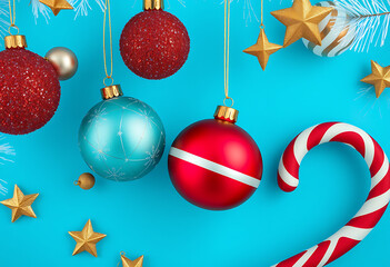 Christmas ornaments, stars, and candy cane on a bright blue background isolated on transparent background