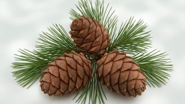 Close-up of three pine cones arranged on pine needles displaying rich textures and warm brown tones set against a soft blurred background with natural lighting.