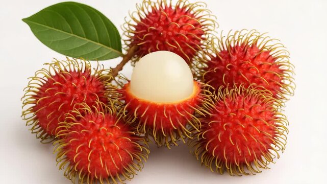 Close-up of fresh vibrant rambutan fruit with textured red skin and green spikes arranged artistically with lush green leaves against a simple white background highlighting its glossy inner flesh