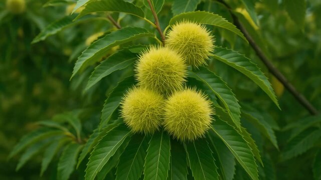 Close-up of bright green chestnut burrs clustered together on lush leaves showcasing detailed textures and vibrant colors in a natural outdoor environment captured in soft natural light.