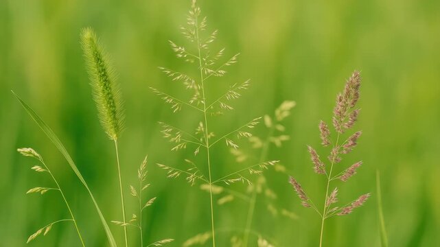 Close-up of three distinct grass types in a lush green meadow gently swaying in soft natural light showcasing vibrant greens and delicate textures throughout varying frames of the video