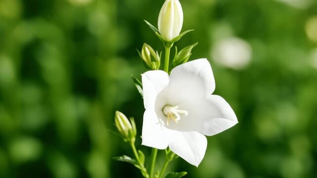 Close-up of white bellflower blooming with delicate petals and green leaves against a softly blurred garden background in natural daylight showcasing the flowers' intricate details and fresh growth
