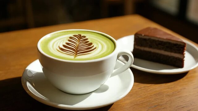 Close-up view of a beautifully crafted green matcha latte with intricate leaf design on top paired with a rich chocolate cake illuminated by soft natural light on a wooden cafe table