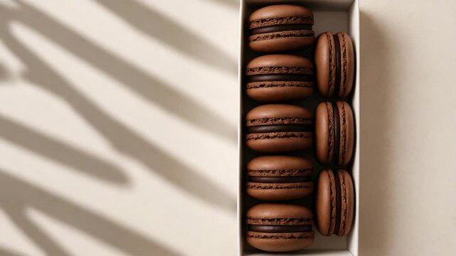 Close-up of assorted chocolate macaron pastries arranged in a white box with soft shadows on a beige surface showcasing rich textures and warm tones in a minimalist presentation