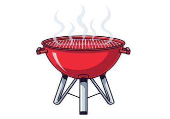 Vector illustration of red kettle barbecue grill with hot coals and smoke rising