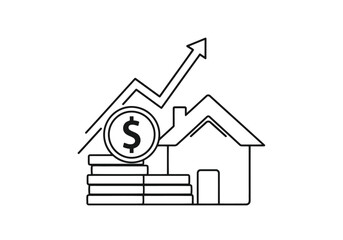 Vector illustration of line icon representing increasing real estate value with stack of coins, dollar sign, and upward trending arrow
