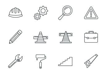 Vector illustration of set of twelve black and white line icons representing construction, engineering, and repair tools and symbols
