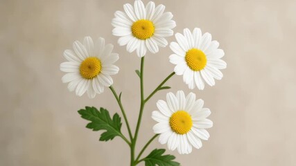 Vibrant close-up of white daisies with yellow centers gracefully swaying in soft natural light against a neutral backdrop showcasing delicate petal textures and lush green leaves - Powered by Adobe