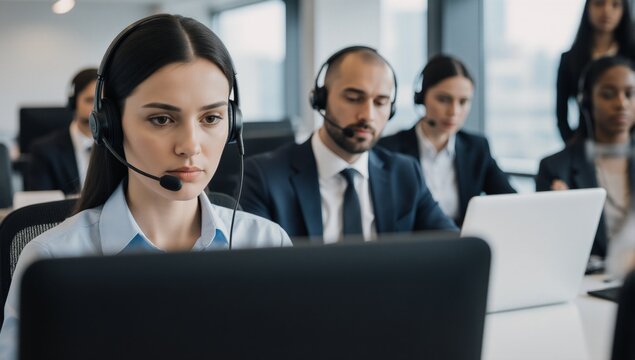 Customer service rep on laptop with headset blurred colleagues behind in flat colored illustration
