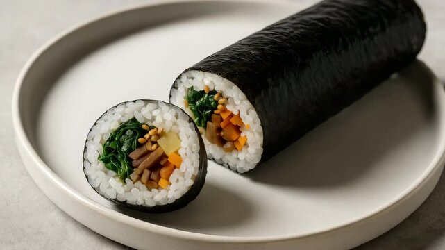 Close-up of uncut sushi roll featuring vibrant vegetables including spinach carrots and mushrooms displayed on a smooth ceramic plate with soft natural lighting and dark background.