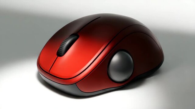 Close-up of a sleek red computer mouse on a smooth surface showcasing its design featuring shiny textures with soft light highlighting its contours and curves in a minimal setting