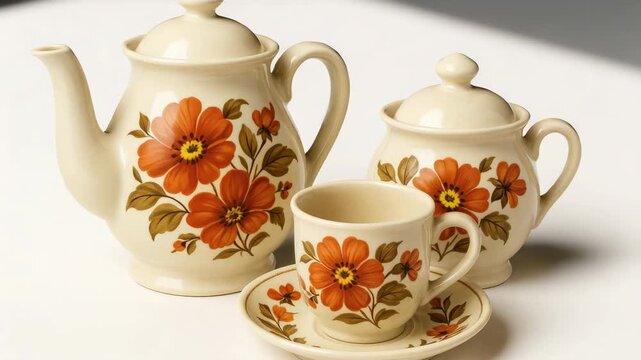 Elegant vintage ceramic tea set with floral patterns displayed against a soft neutral background showcasing close-up and mid-range views of the teapot sugar bowl and cup with saucer