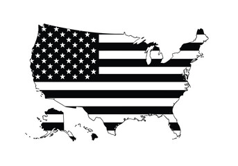 Vector illustration of black and white silhouette map of the contiguous united states filled with the american flag pattern