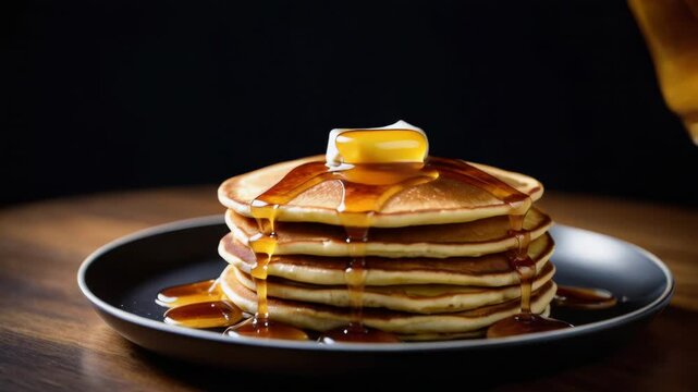 A plate filled with a stack of fluffy pancakes, topped with sweet syrup and melted butter