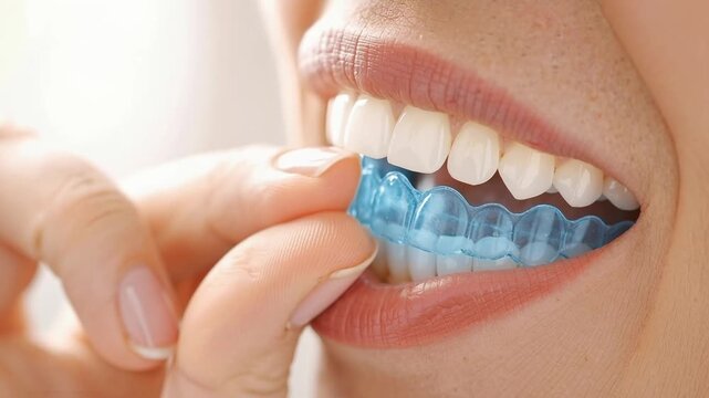 close-up of a woman fitting a clear orthodontic aligner onto her lower teeth, showing modern dental care and teeth straightening treatment