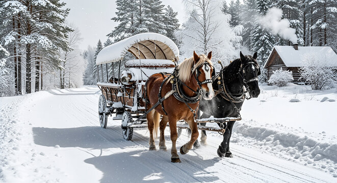 Horse drawn wagon in snow on forest road, pair of brown and black horses pulling covered wooden carriage, peaceful winter scene symbolizing rural life, nostalgia, holiday rides, traditional transport