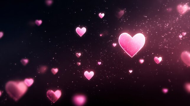 Hearts Floating: Softly glowing pink hearts drift gracefully against a dark background, evoking feelings of love, romance, and warmth. Their ethereal dance creates a magical atmosphere.